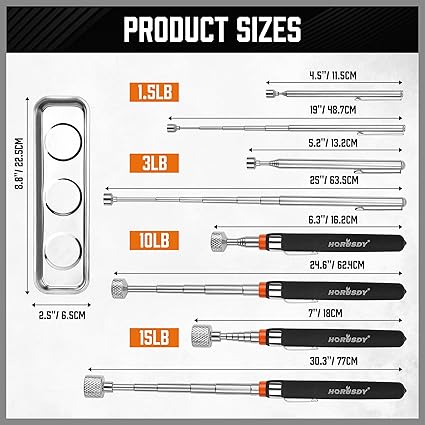 HORUSDY 5-PIECE Magnetic Pickup Tools Set, Include 15LB, 10LB, 3LB, 1.5LB Magnet Sticks, Rust-Proof Magnetic Tray, Telescoping Design for Mechanics, Automotive, DIY, Gifts for Men, Dad, Husband
