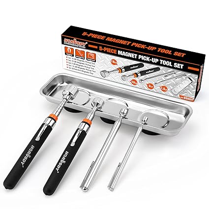 HORUSDY 5-PIECE Magnetic Pickup Tools Set, Include 15LB, 10LB, 3LB, 1.5LB Magnet Sticks, Rust-Proof Magnetic Tray, Telescoping Design for Mechanics, Automotive, DIY, Gifts for Men, Dad, Husband