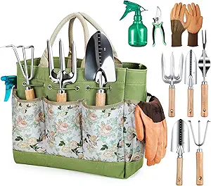 9-Piece Gardening Tools Set with Floral Vintage Tote Bag, Stainless Steel Garden Tool Kit with Non-Slip Wooden Handles for All Ages, Ideal Gardening Gifts for Women, Men, Gardeners