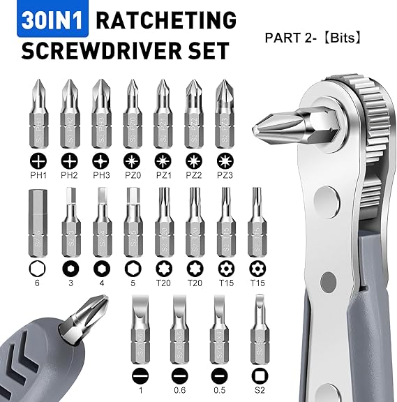 30in1 Right Angle Screwdriver, 36-Tooth Mini Ratchet Wrench, Angle Screwdriver for Tight Spaces, Low Profile Offset screwdriver, Magnetic Ratchet Screwdriver Repair Tool