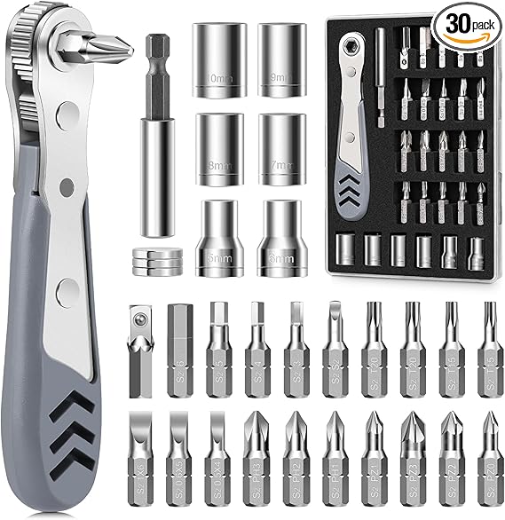 30in1 Right Angle Screwdriver, 36-Tooth Mini Ratchet Wrench, Angle Screwdriver for Tight Spaces, Low Profile Offset screwdriver, Magnetic Ratchet Screwdriver Repair Tool
