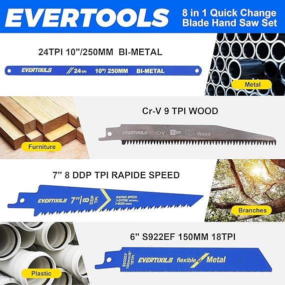 8-in-1 Multi-Blade Hand Saw, Small Hacksaw, Long Handsaws, Jab Saw, Mini Blade Quick-Change Mechanism for Cutting Drywall, Sheetrock, Wood, Metal, Plastic and Plywood.