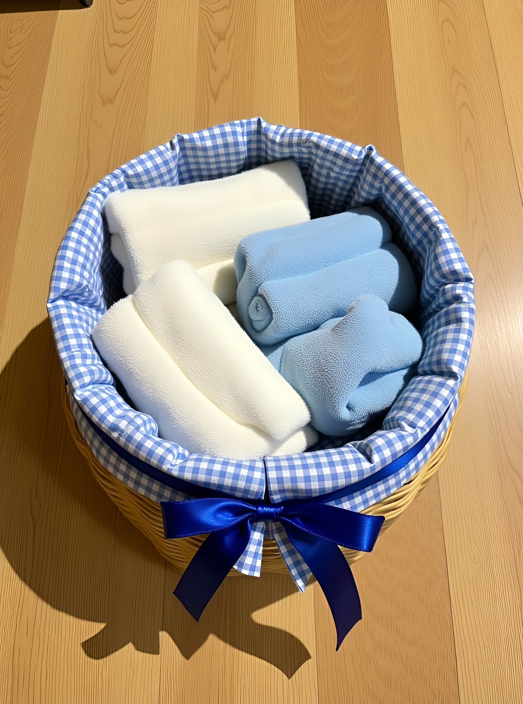 Canasto Artesanal de Chusque Cuadros Azules con Lazo