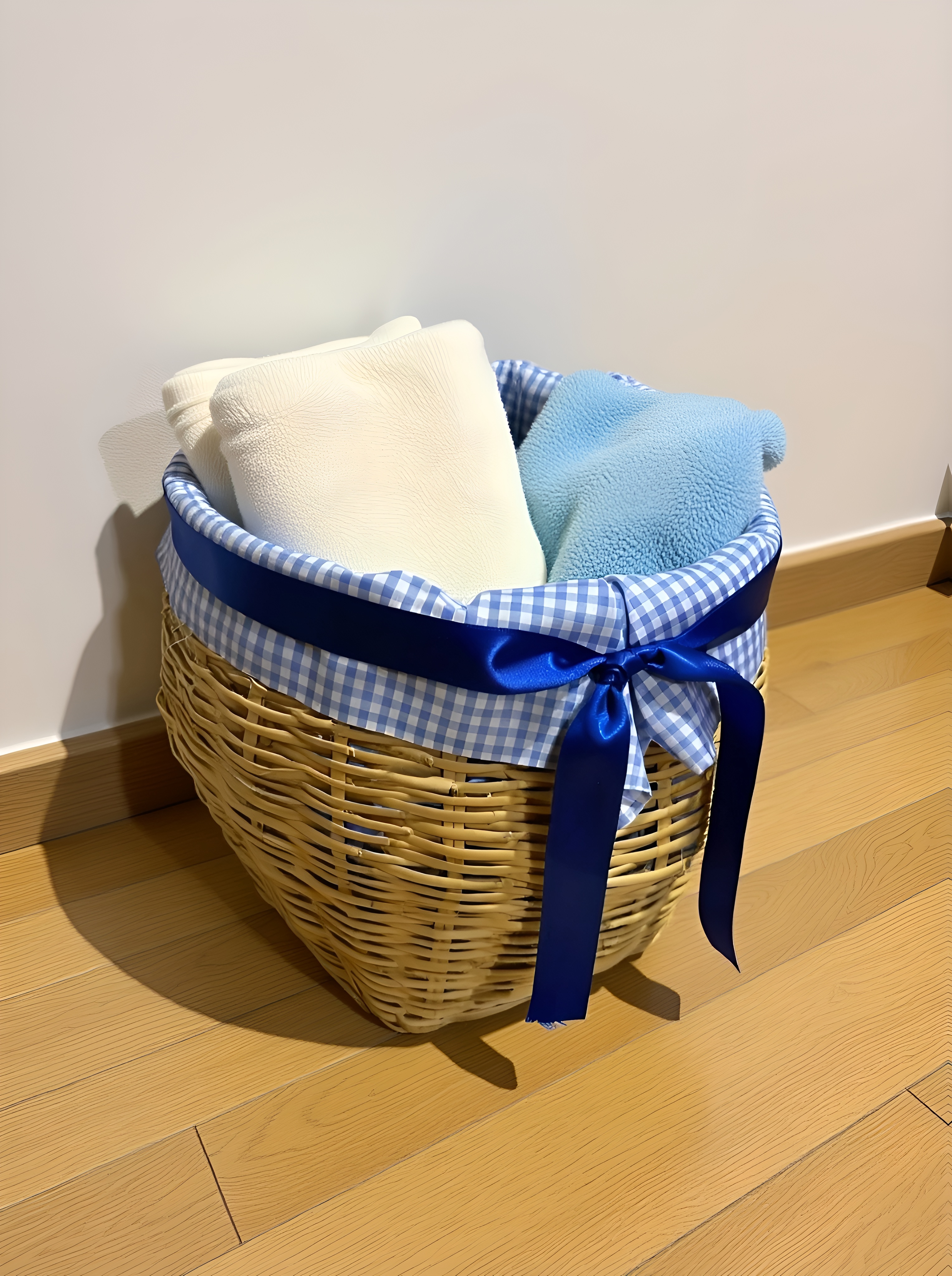 Canasto Artesanal de Chusque Cuadros Azules con Lazo