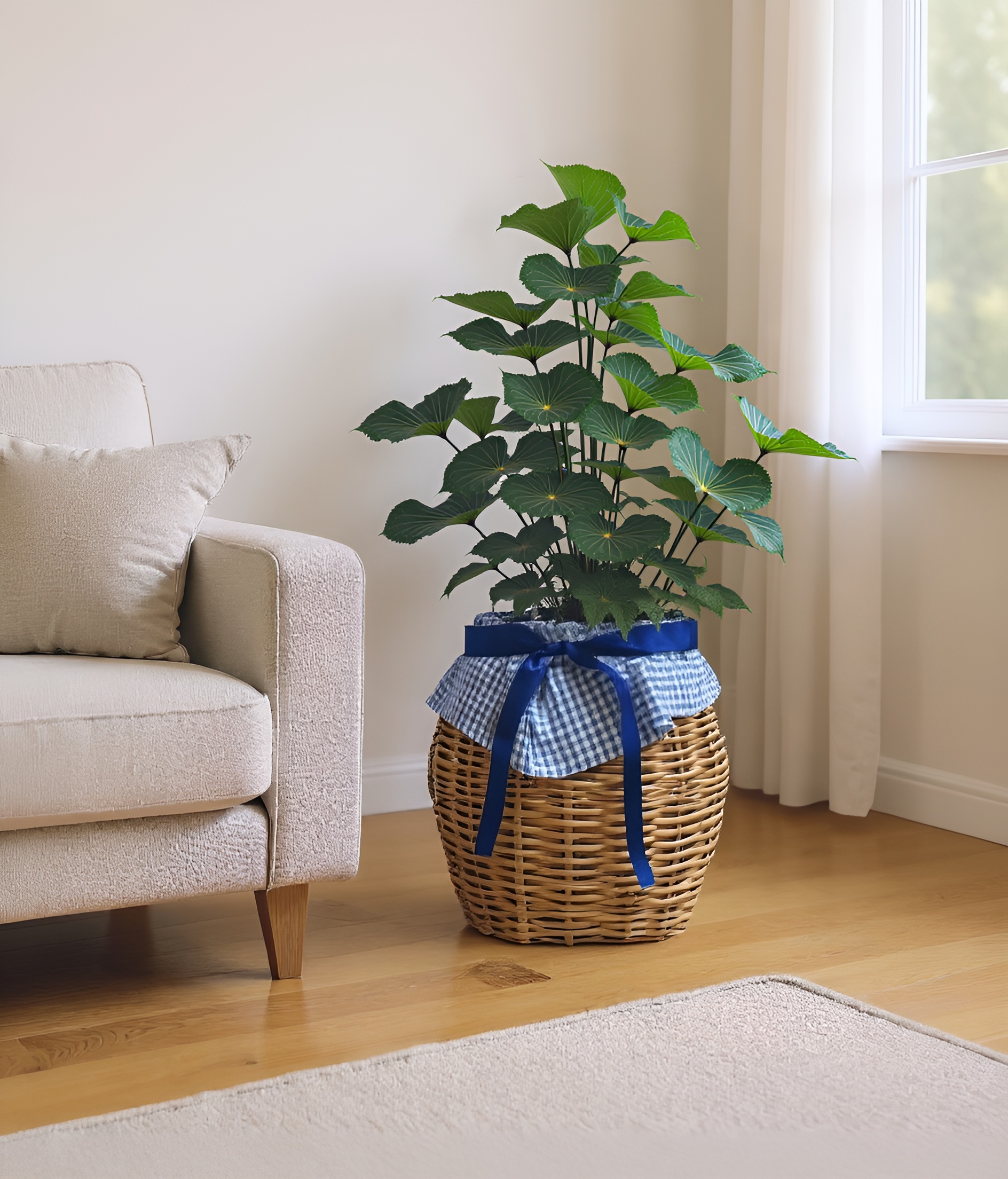 Canasto Artesanal de Chusque Cuadros Azules con Lazo