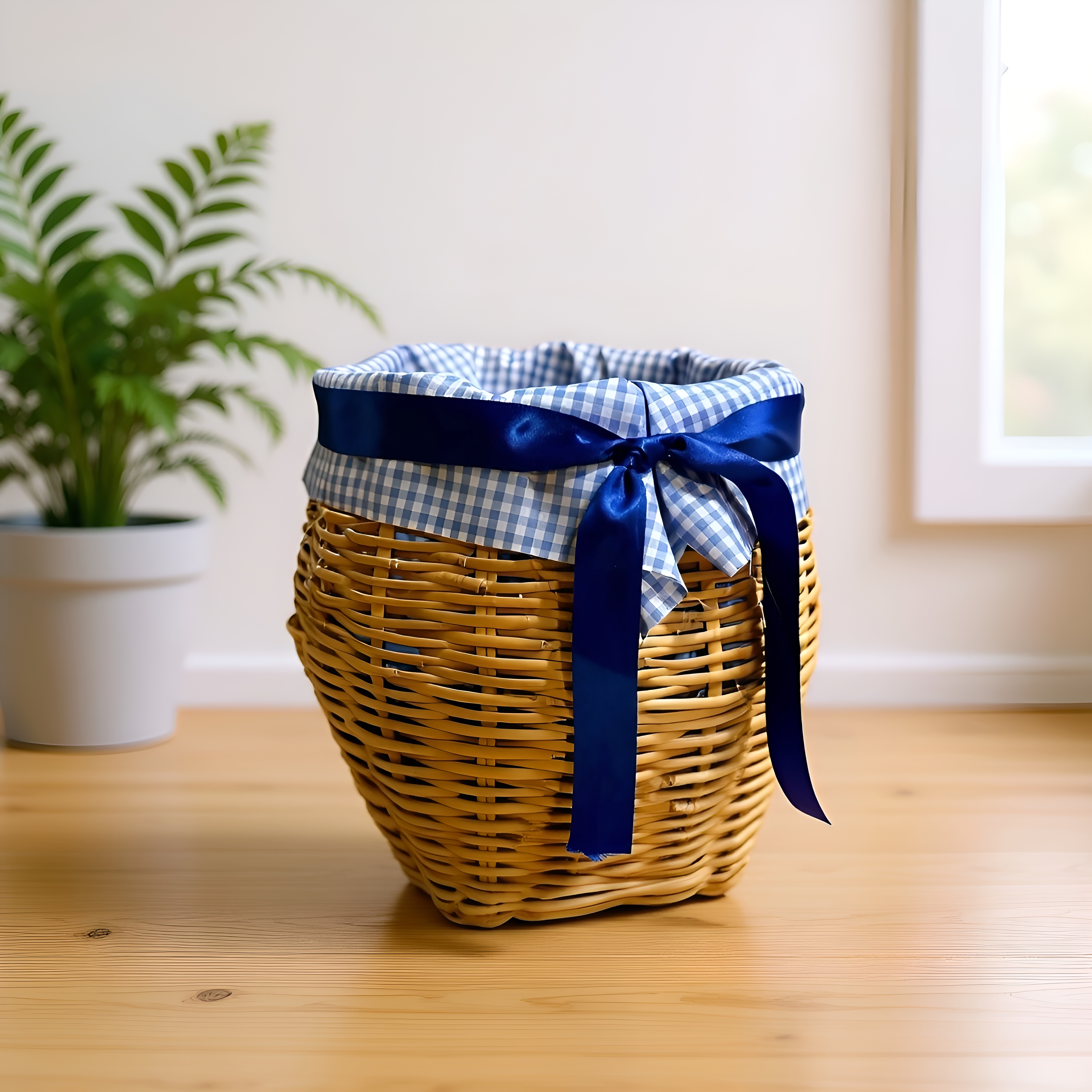Canasto Artesanal de Chusque Cuadros Azules con Lazo