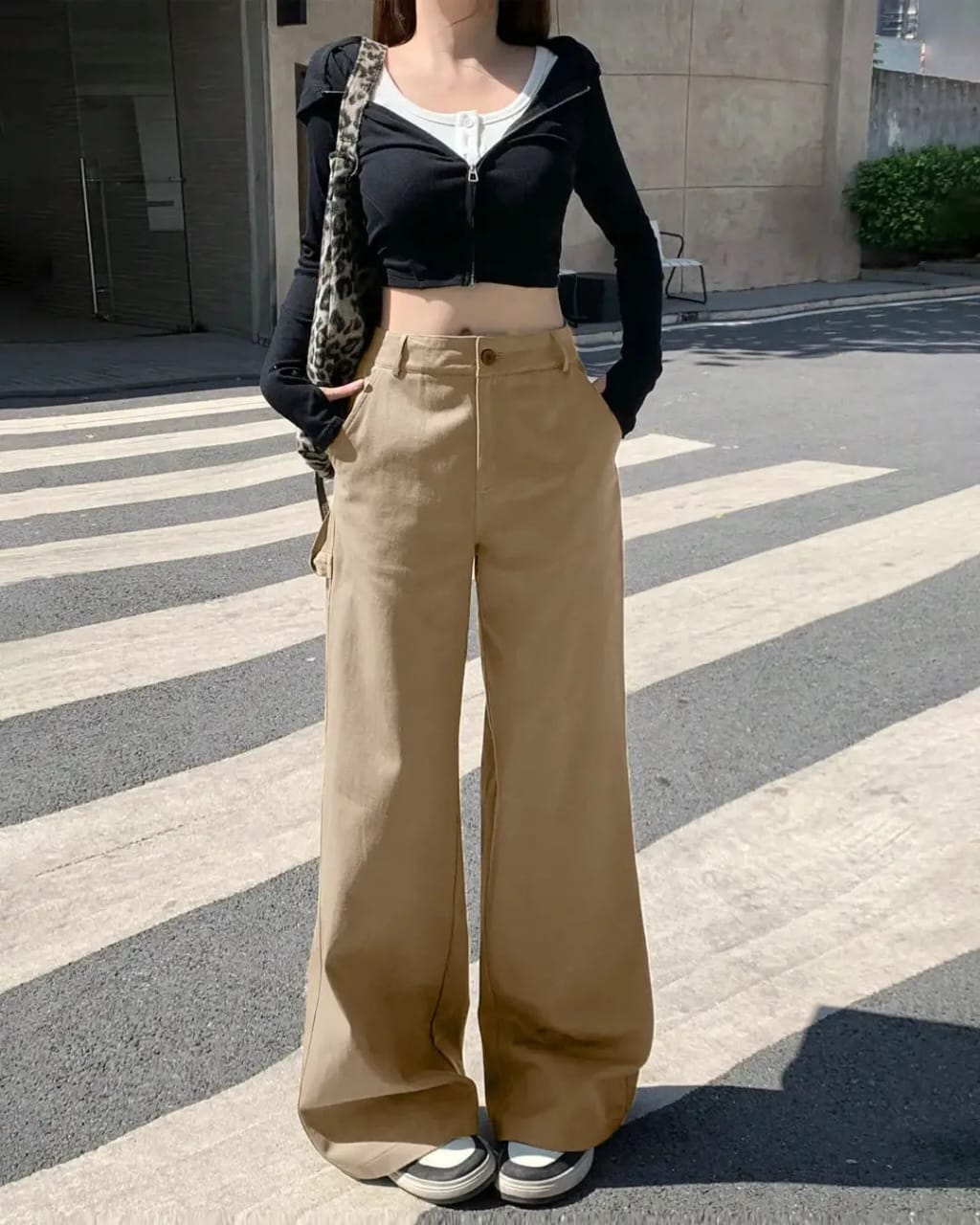 High-Waisted Wide-Leg Khaki Pants