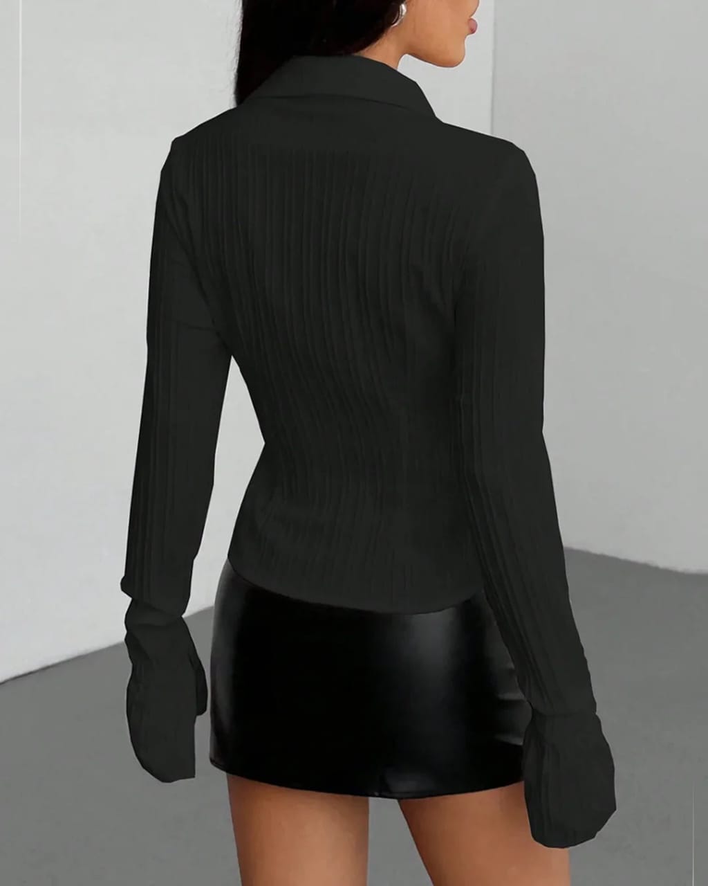Women's Black Long Sleeve Ribbed Blouse