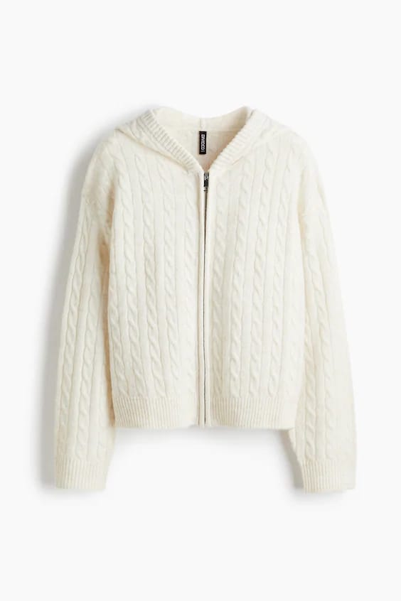Gray Cable Knit Zip-Up Hoodie