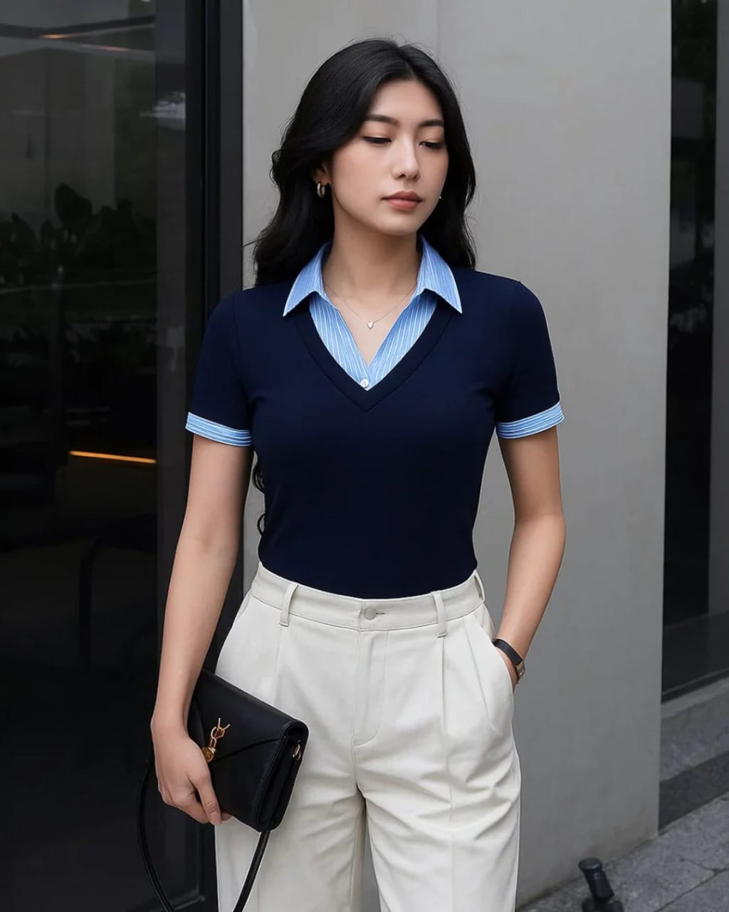 Navy Blue Short Sleeve Sweater