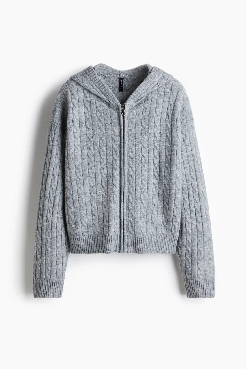 Gray Cable Knit Zip-Up Hoodie
