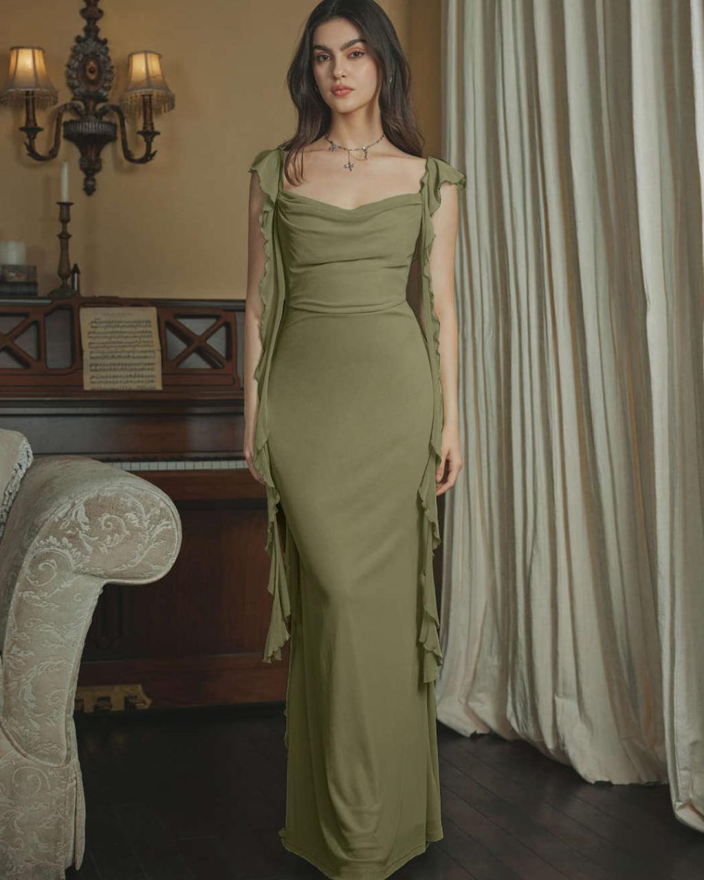 Elegant Olive Green Evening Gown