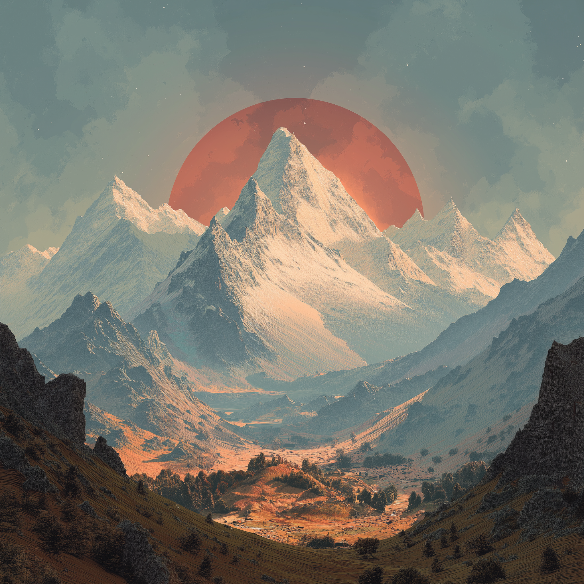 Crimson Peaks – Surreal Sunset Mountain Landscape Wall Art