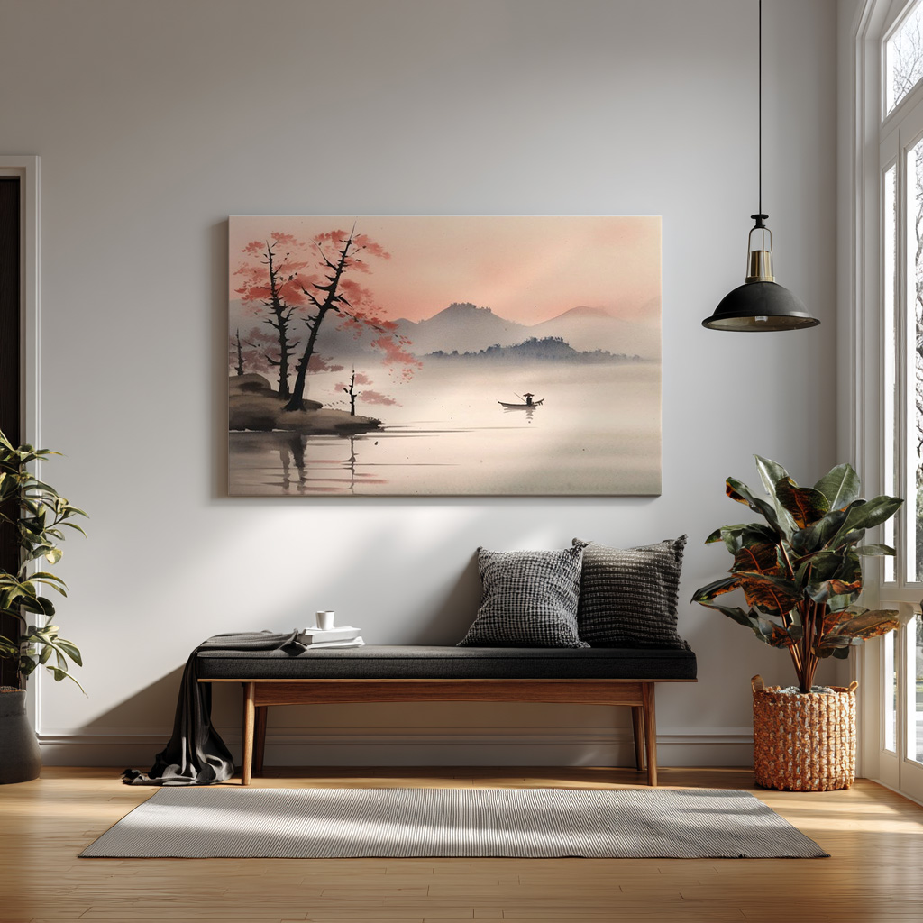 Misty Dawn – Japanese Watercolor Lake Landscape