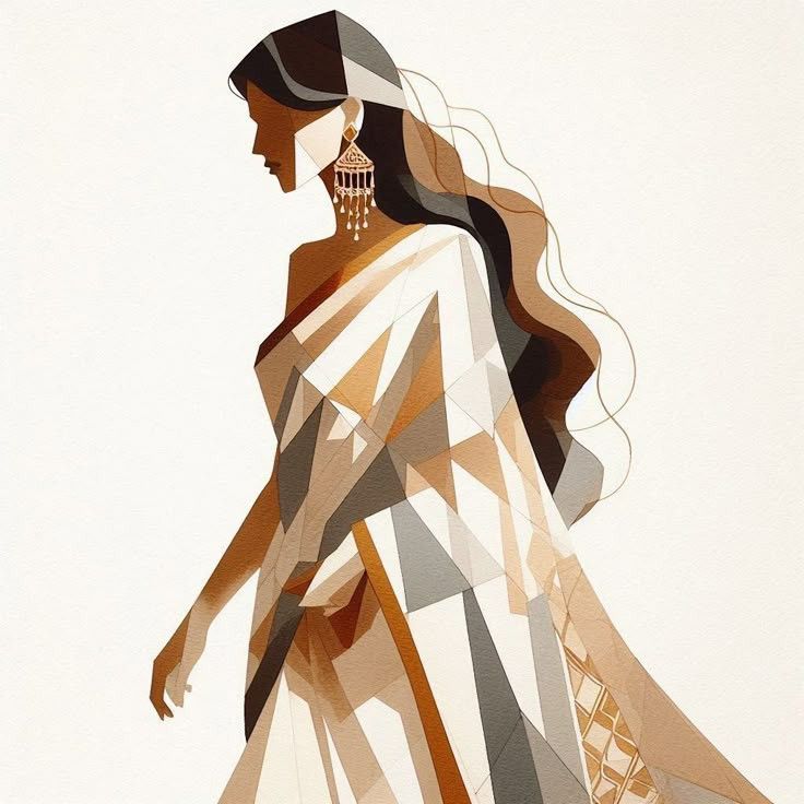 Modern Indian Woman Wall Art – Abstract Geometric Saree Design