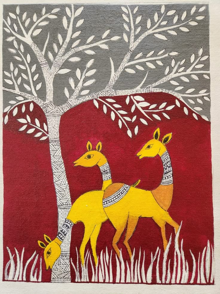 Folk Art Deer Painting – Traditional Tribal Style Nature Wall Art