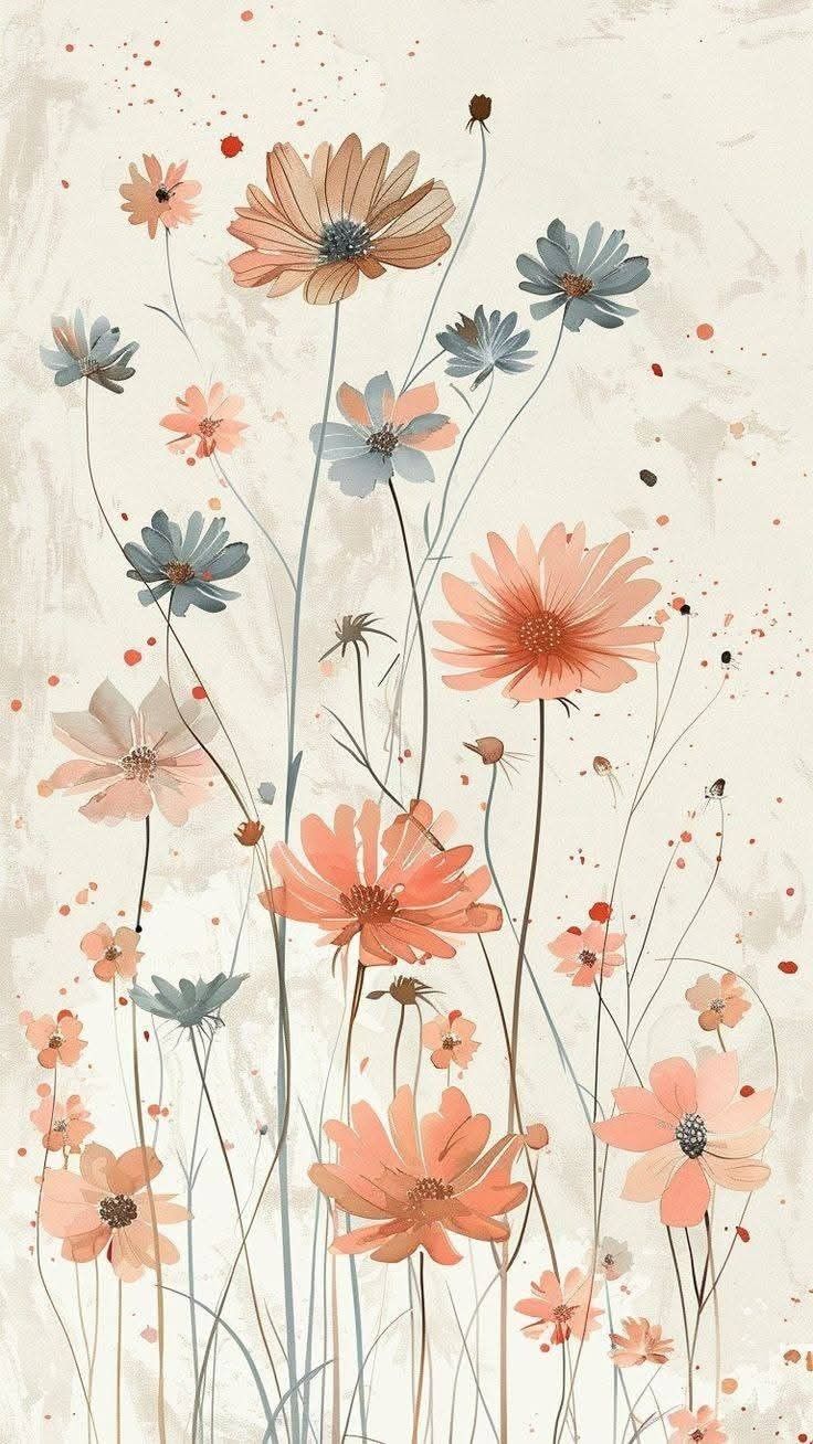Wildflower Watercolor Print – Peach & Blue Botanical Wall Art, Modern Floral Illustration