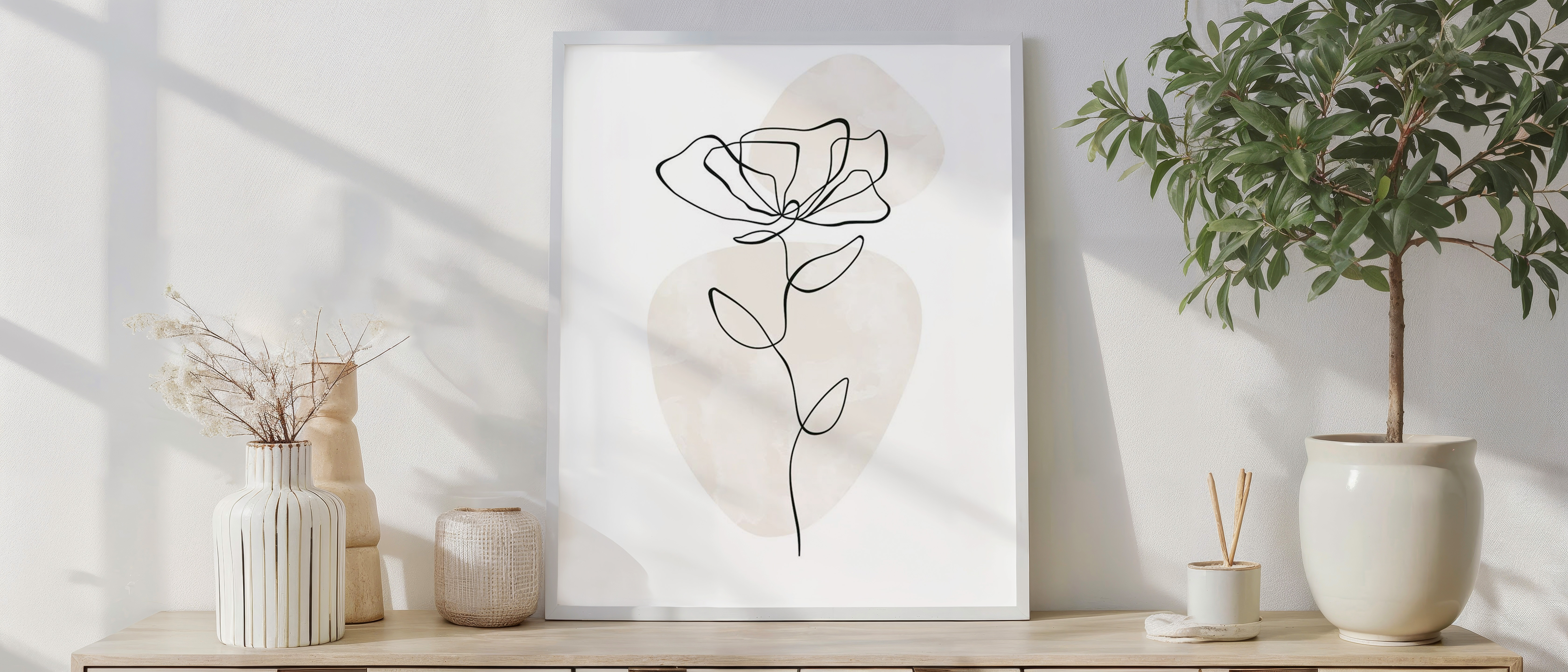 Minimalist One-Line Flower Art Print – Neutral Beige Abstract Botanical Wall Decor