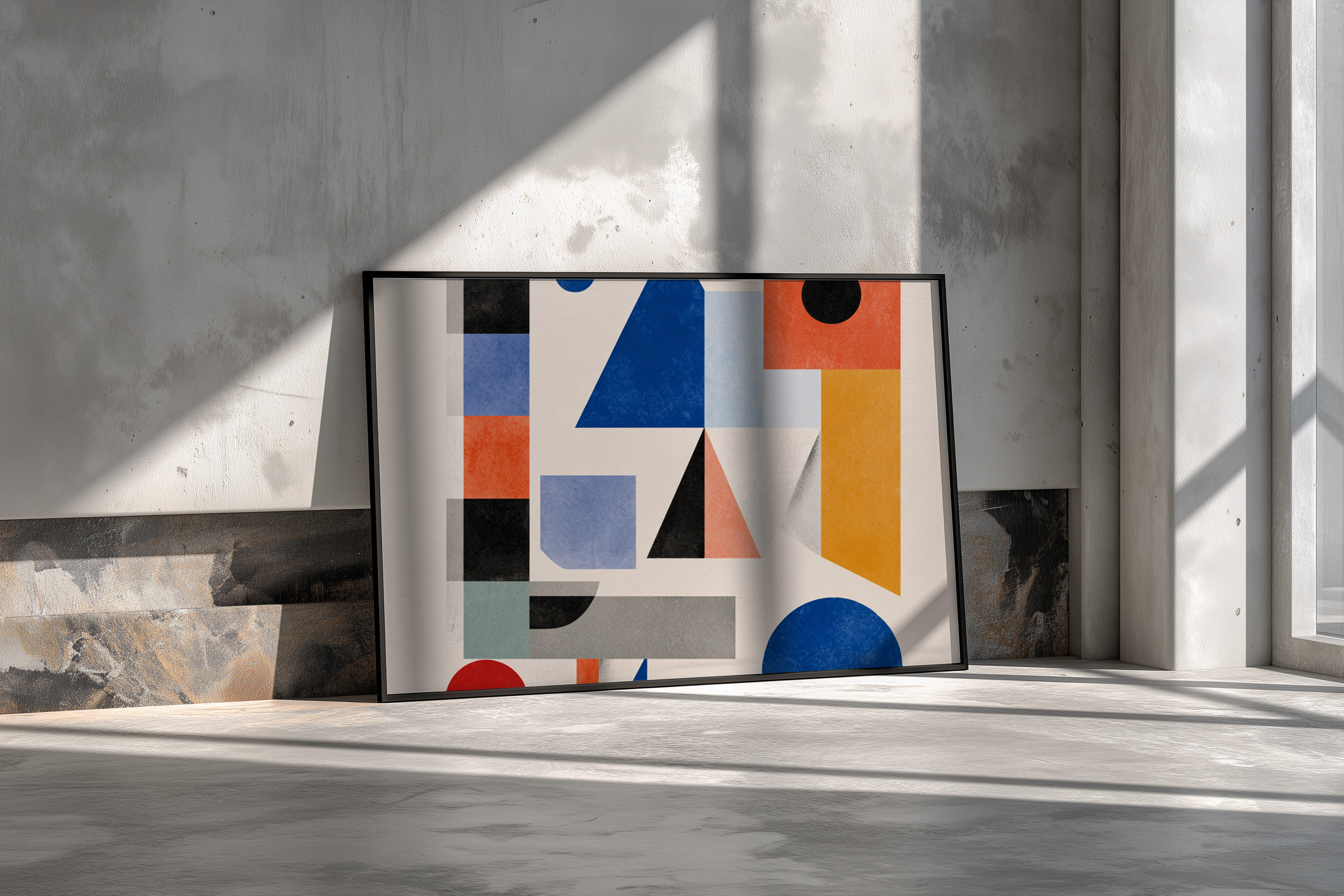 Modern Bauhaus Geometric Wall Art – Abstract Shapes Print in Blue, Red, Black & Mustard