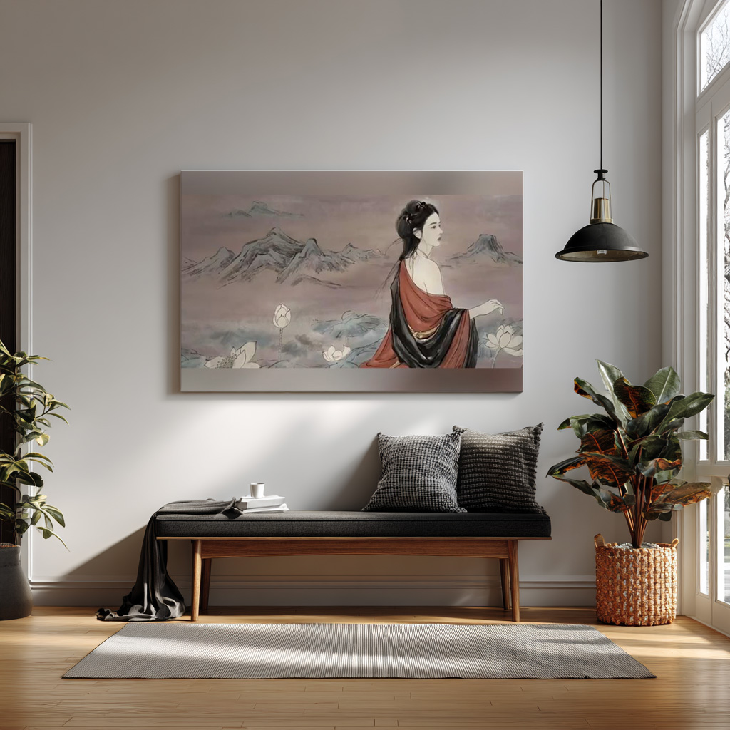 Elegant Oriental Ink Painting – Woman Among Lotus & Mountains | Classic East Asian Art