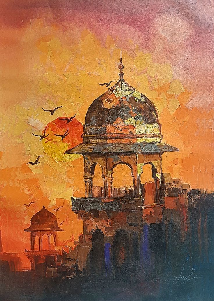 Indian Heritage Architecture Wall Art | Sunset Palace Dome Painting