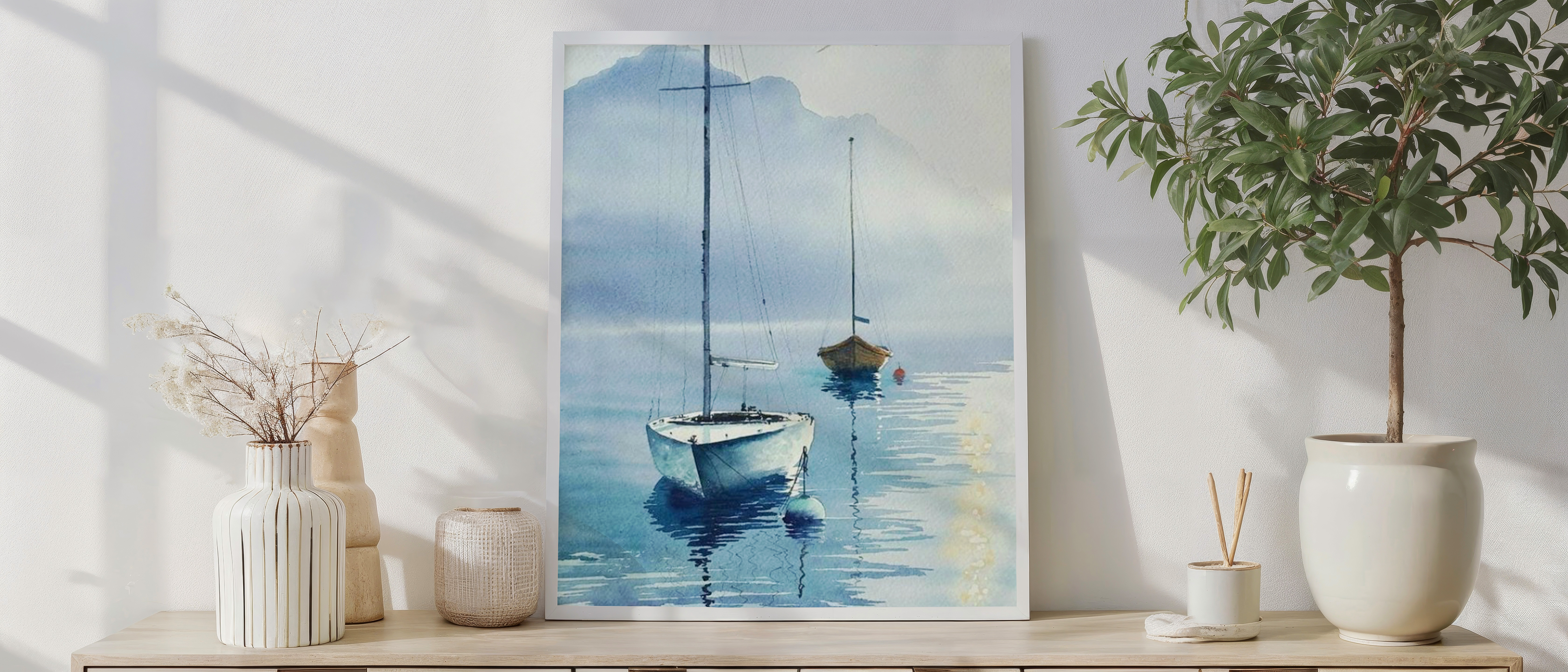 Harbor Calm – Watercolor Sailboats at Dawn Wall Art