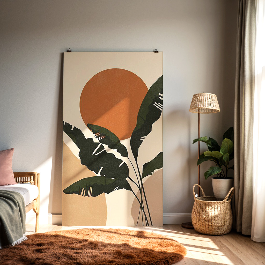 Boho Sun & Banana Leaf Wall Art – Minimalist Tropical Print | Warm Earth Tone Decor