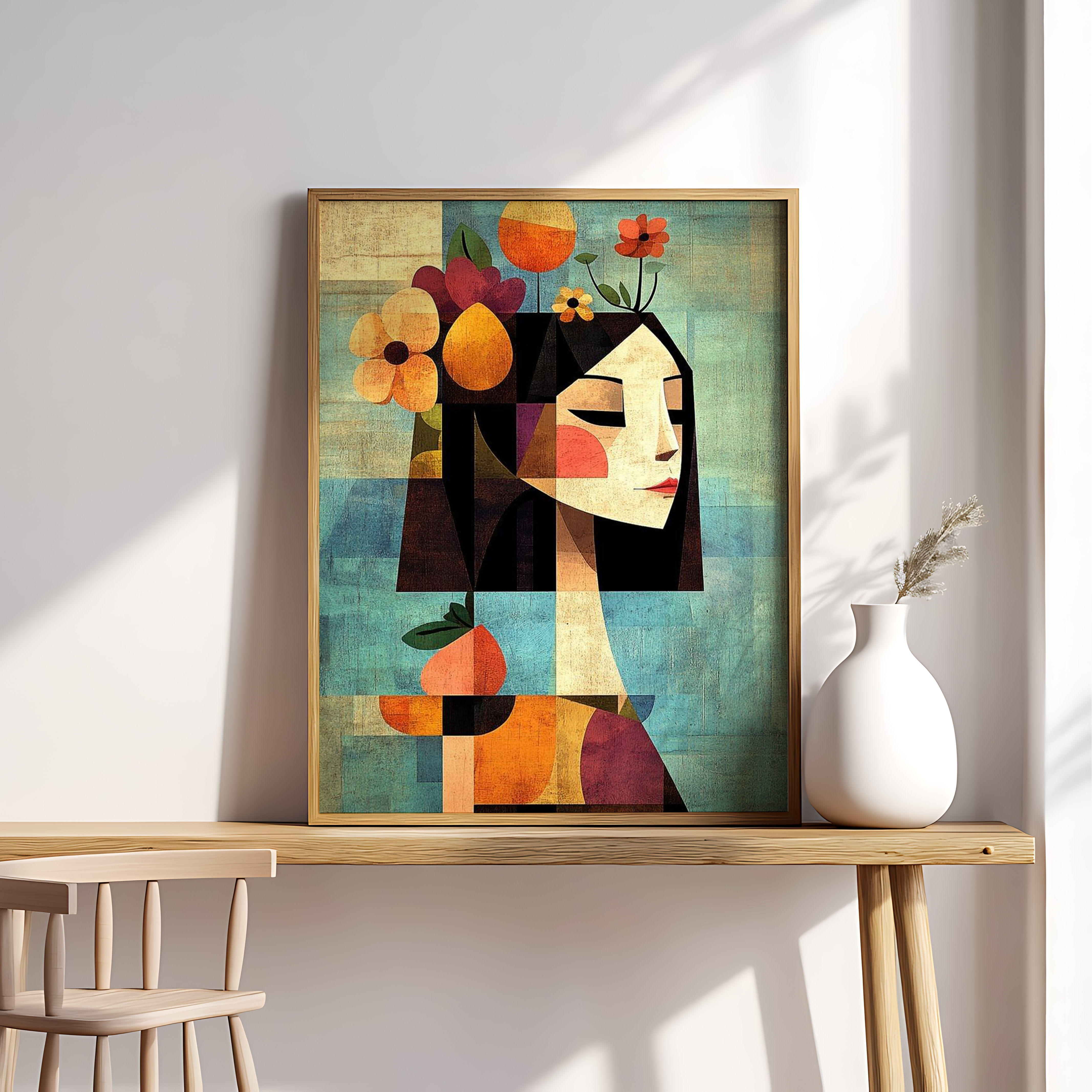 Abstract Floral Woman Portrait Wall Art – Modern Cubist Face with Botanical Elements