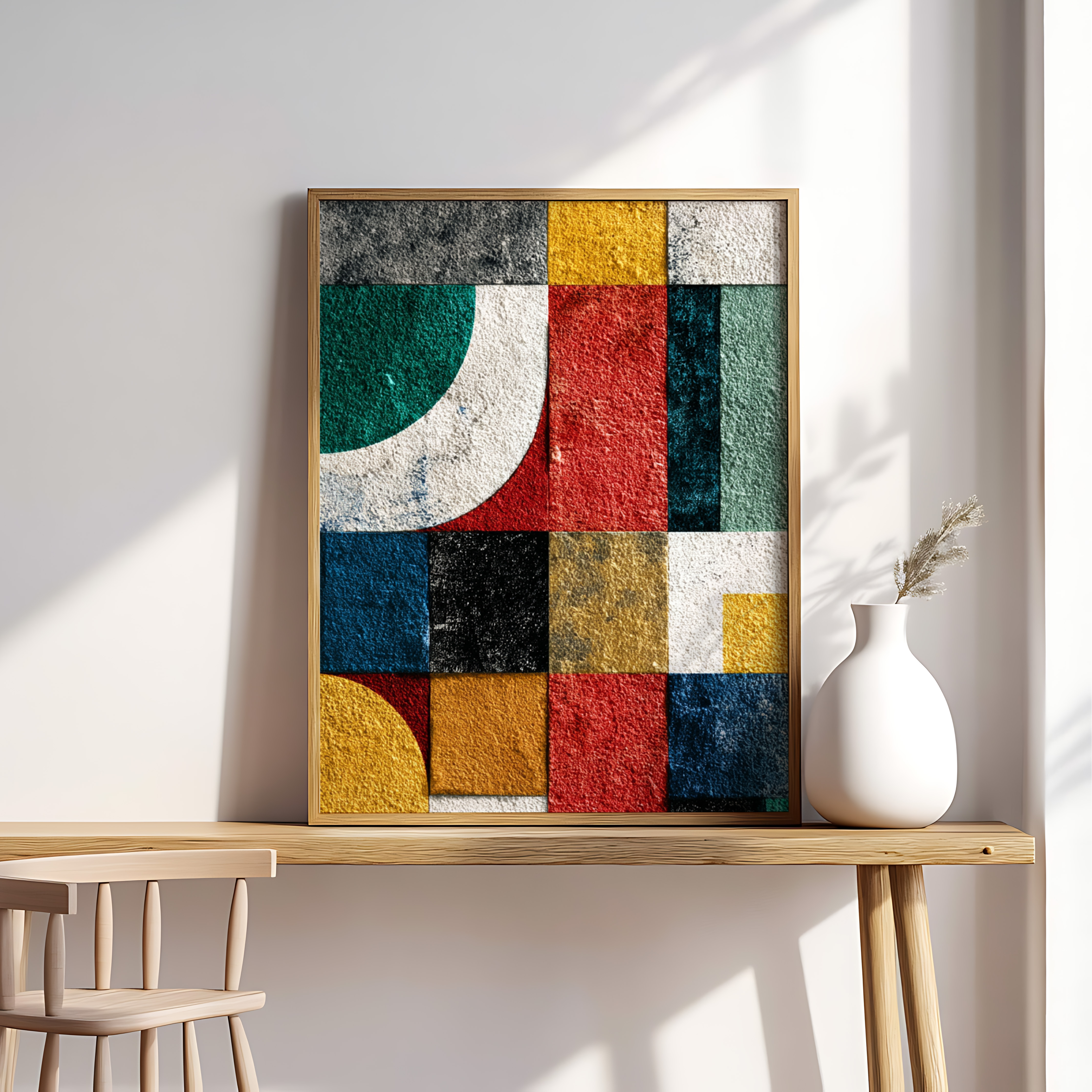 Bauhaus Geometric Wall Art – Colorful Abstract Modern Print with Bold Shapes & Textured Blocks