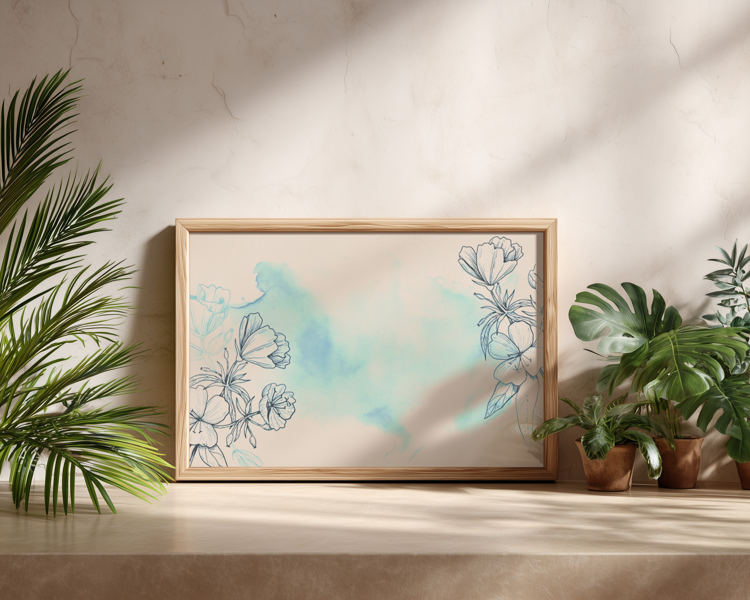 Blue Watercolor Floral Background – Botanical Line Art Frame, Soft Flower Illustration Printable