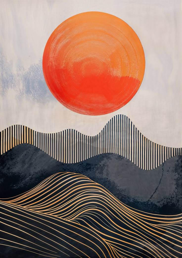 Modern Abstract Sun & Waves Art Print – Bold Minimalist Wall Décor