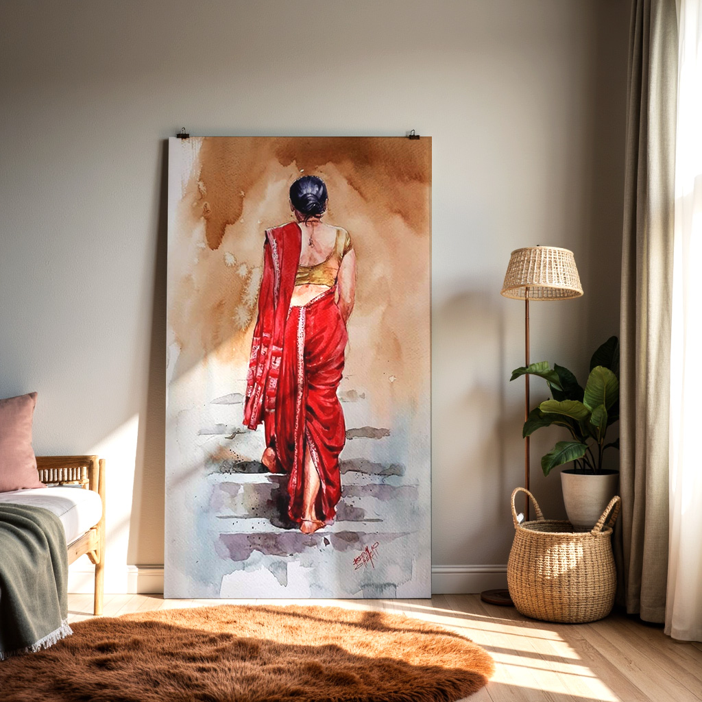 Indian Woman in Red Saree Wall Art | Traditional Watercolor Painting