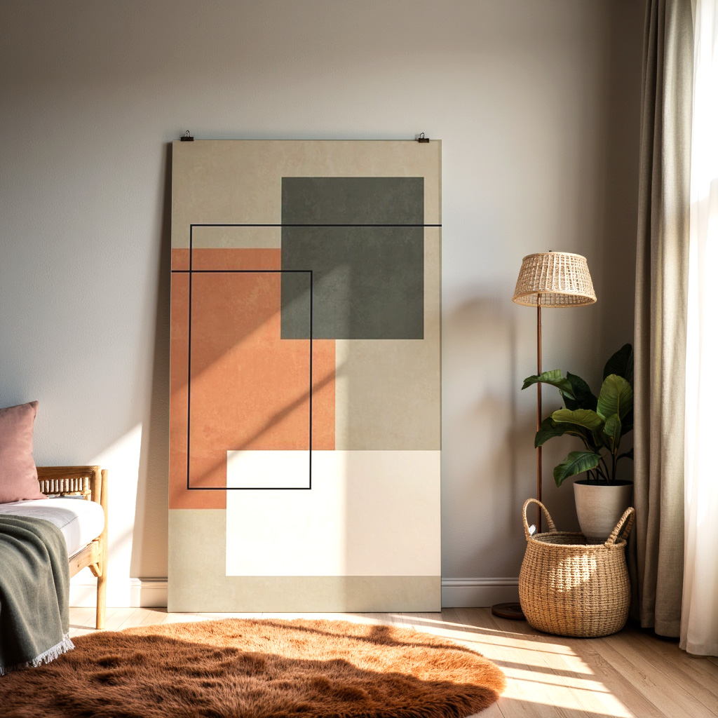 Modern Geometric Abstract Wall Art – Minimalist Shapes Print, Neutral Mid-Century Style Decor