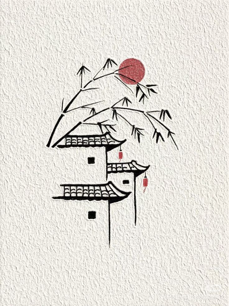 Minimalist Asian Village Art – Bamboo & Red Sun Illustration