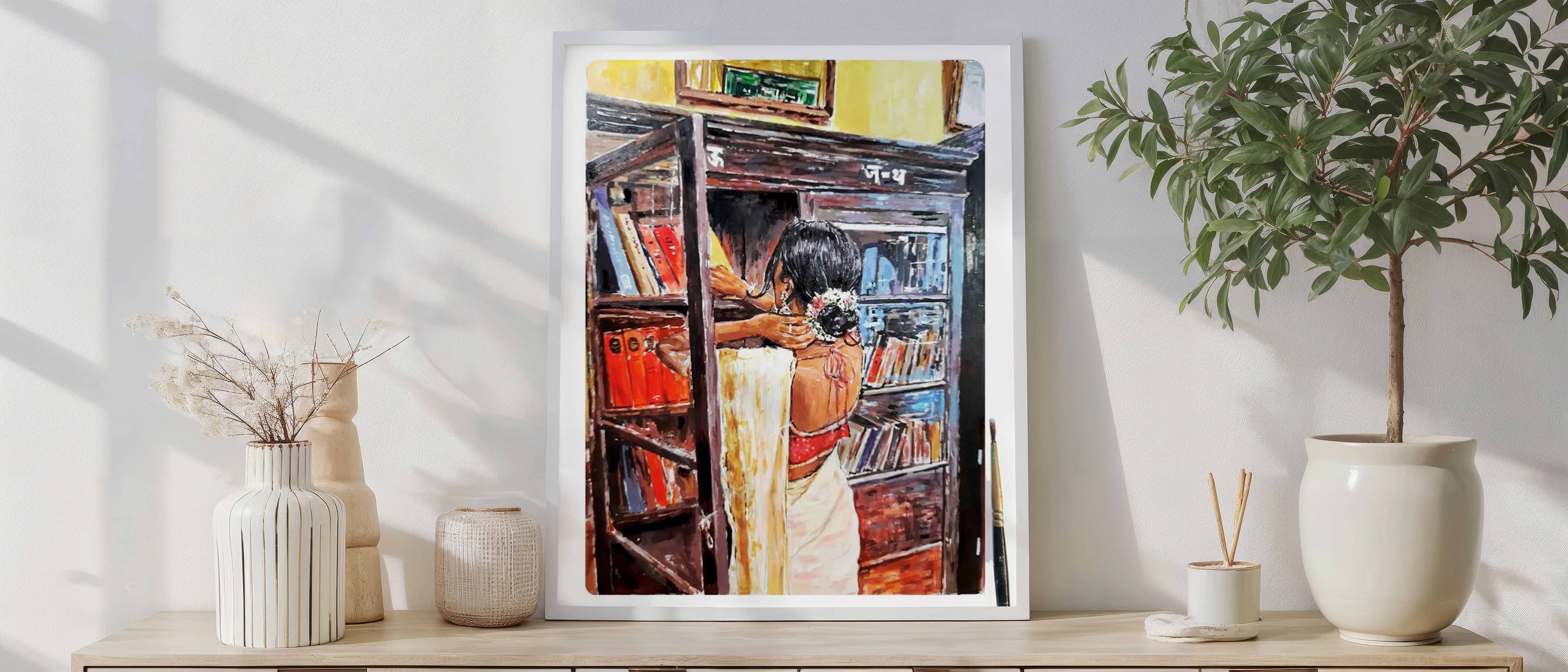 Woman in Library Wall Art | Indian Reading Room Painting