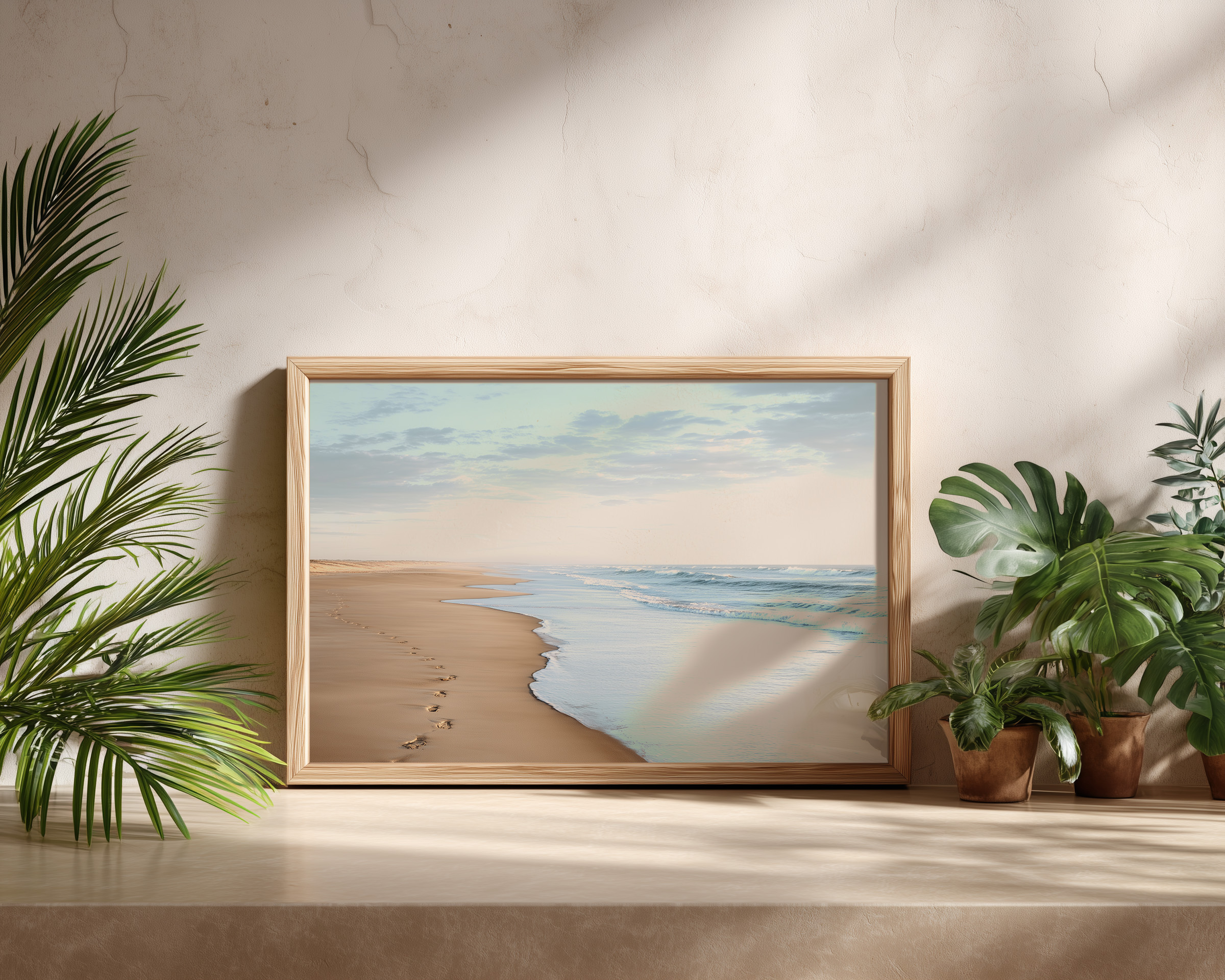 Golden Shoreline Serenity – Peaceful Footprints on Calm Beach Wall Art
