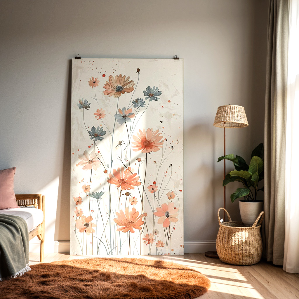 Wildflower Watercolor Print – Peach & Blue Botanical Wall Art, Modern Floral Illustration