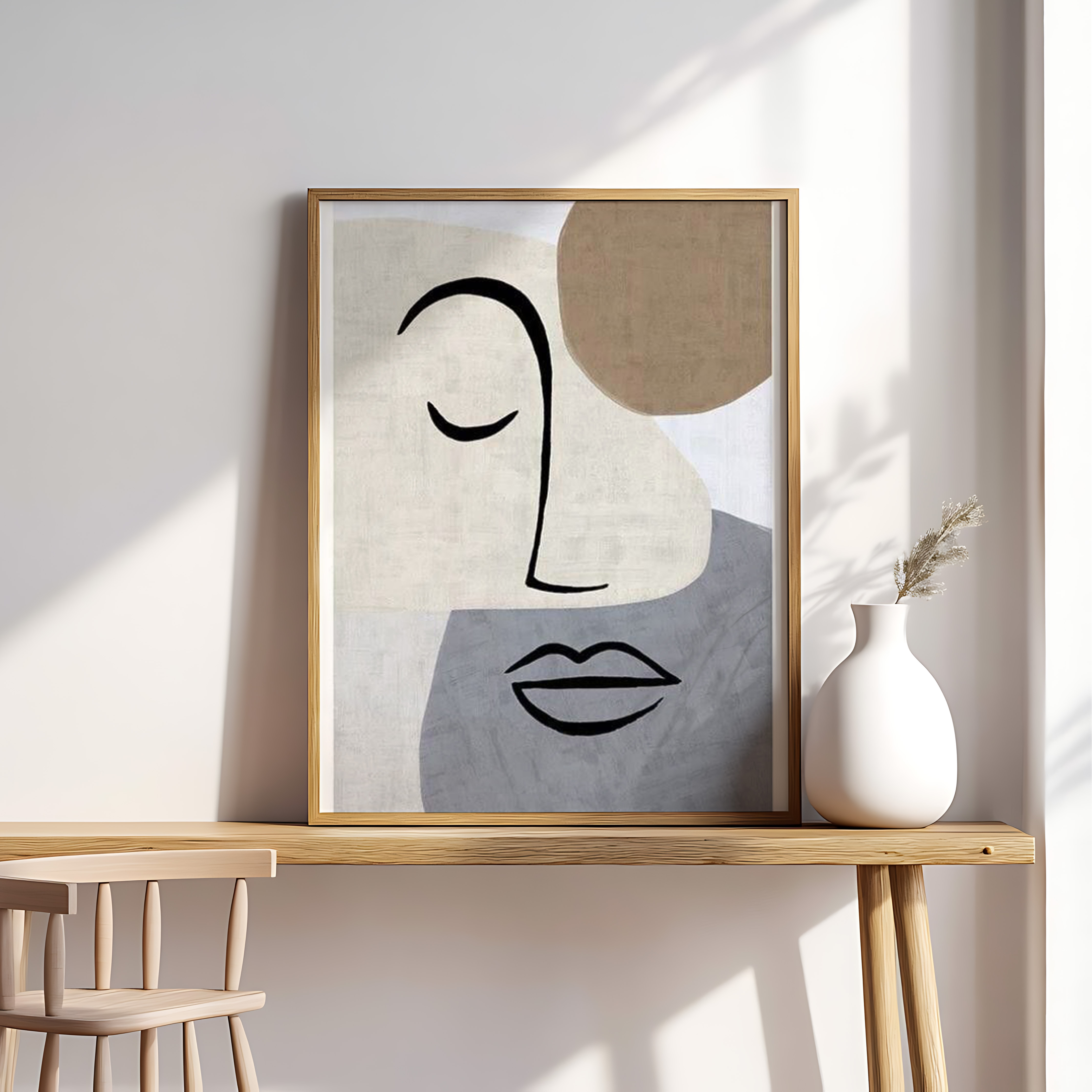 Minimalist Abstract Face Line Art – Modern Neutral Color Block Portrait Print