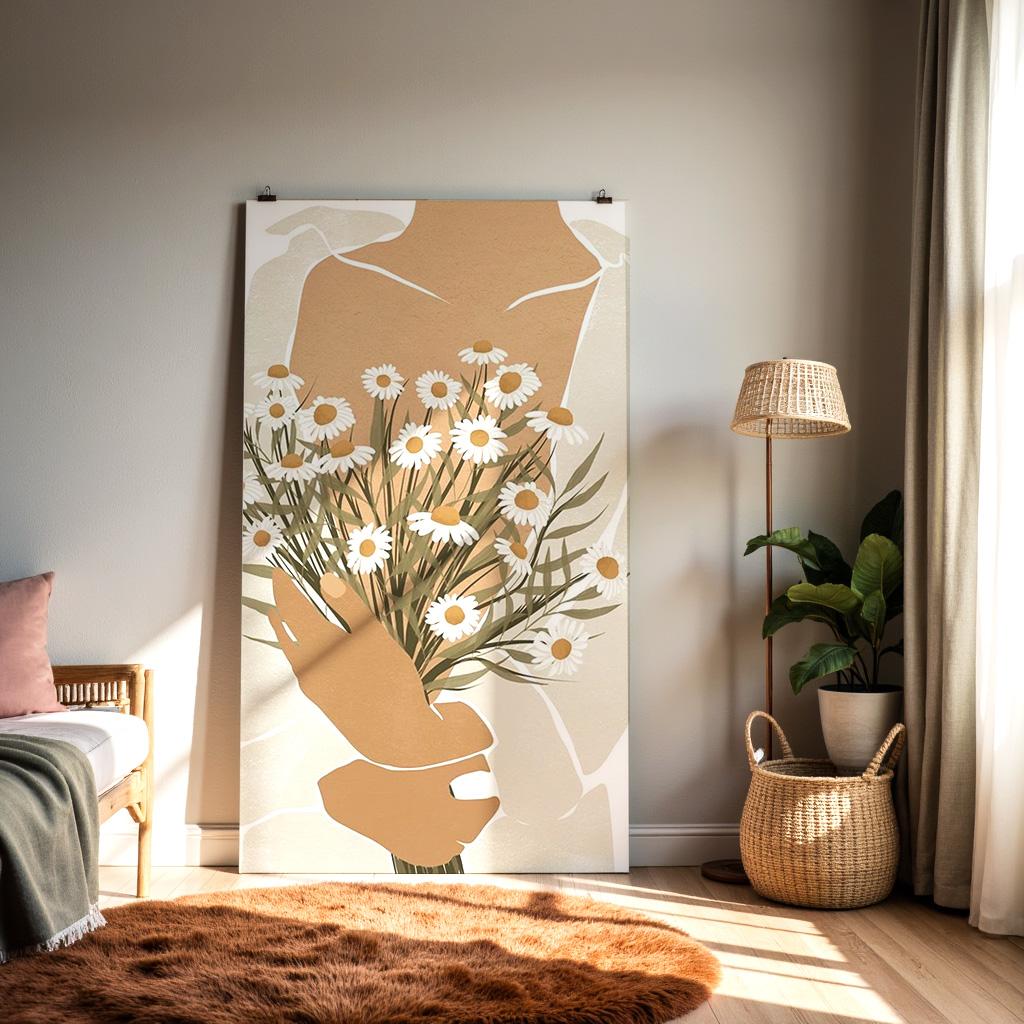 Minimalist Woman Holding Daisies – Floral Art Print