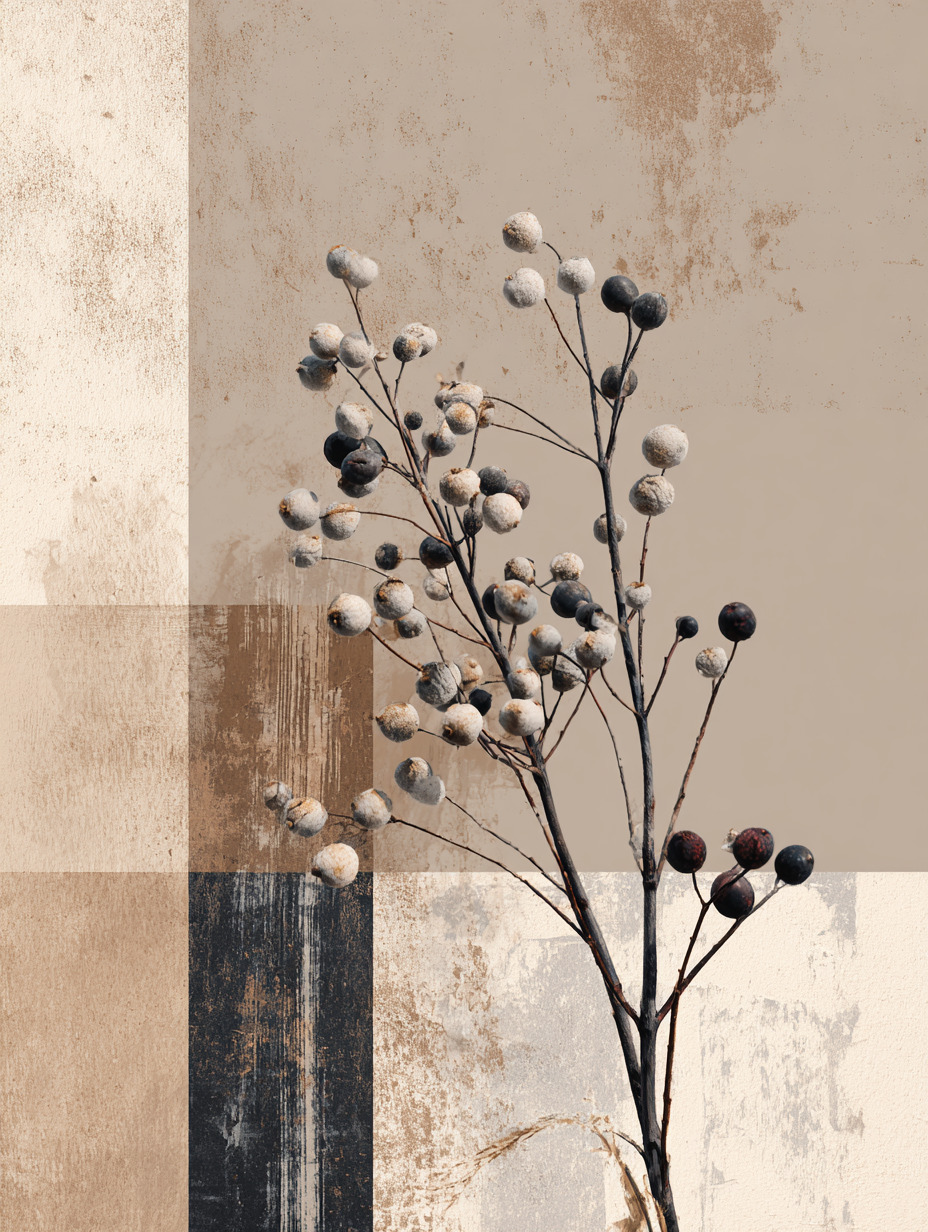 Neutral Botanical Wall Art – Minimal Rustic Berry Stem Print
