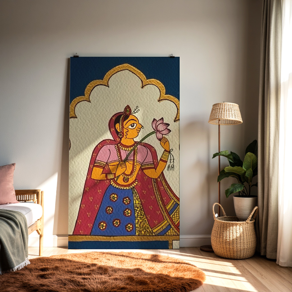 Traditional Rajasthani Miniature Painting – Royal Lady with Lotus | Indian Folk Art