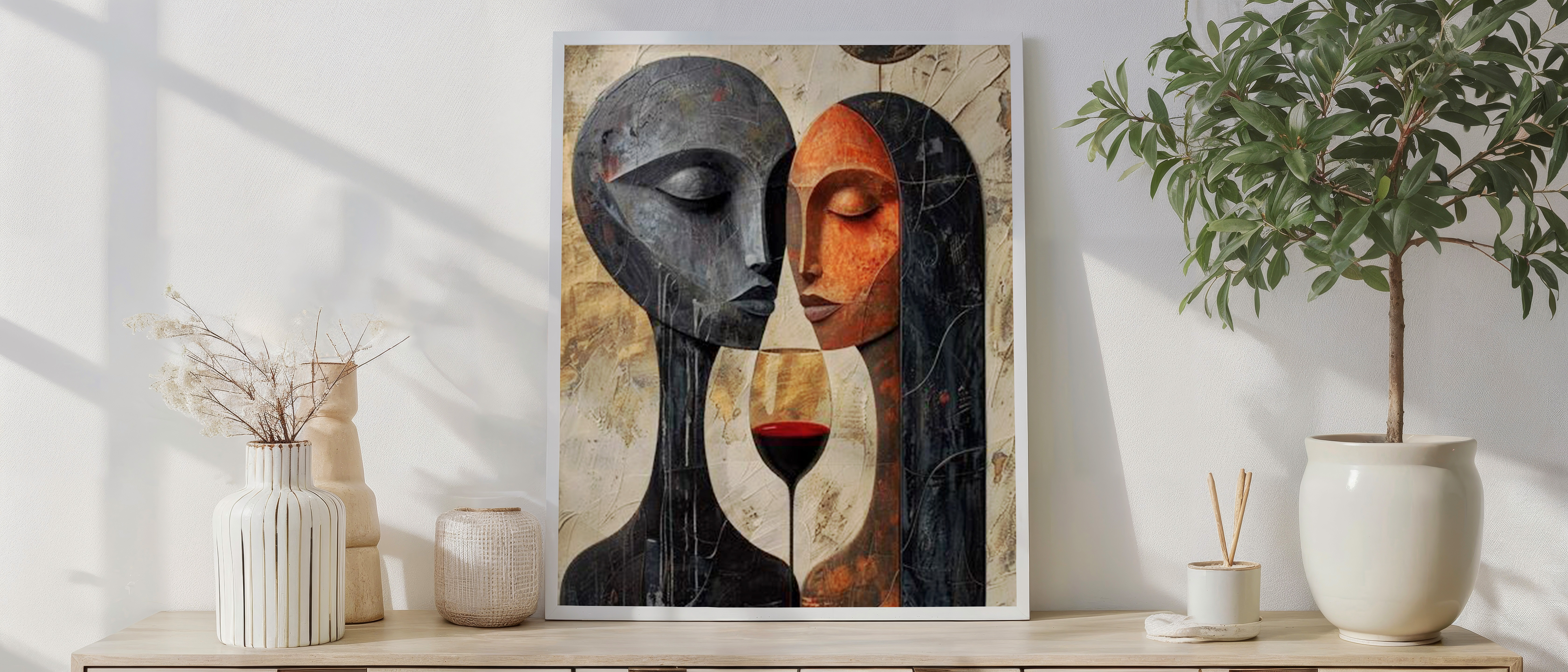 Abstract Couple Wall Art – Modern Romantic Figurative Painting with Wine & Emotional Connection