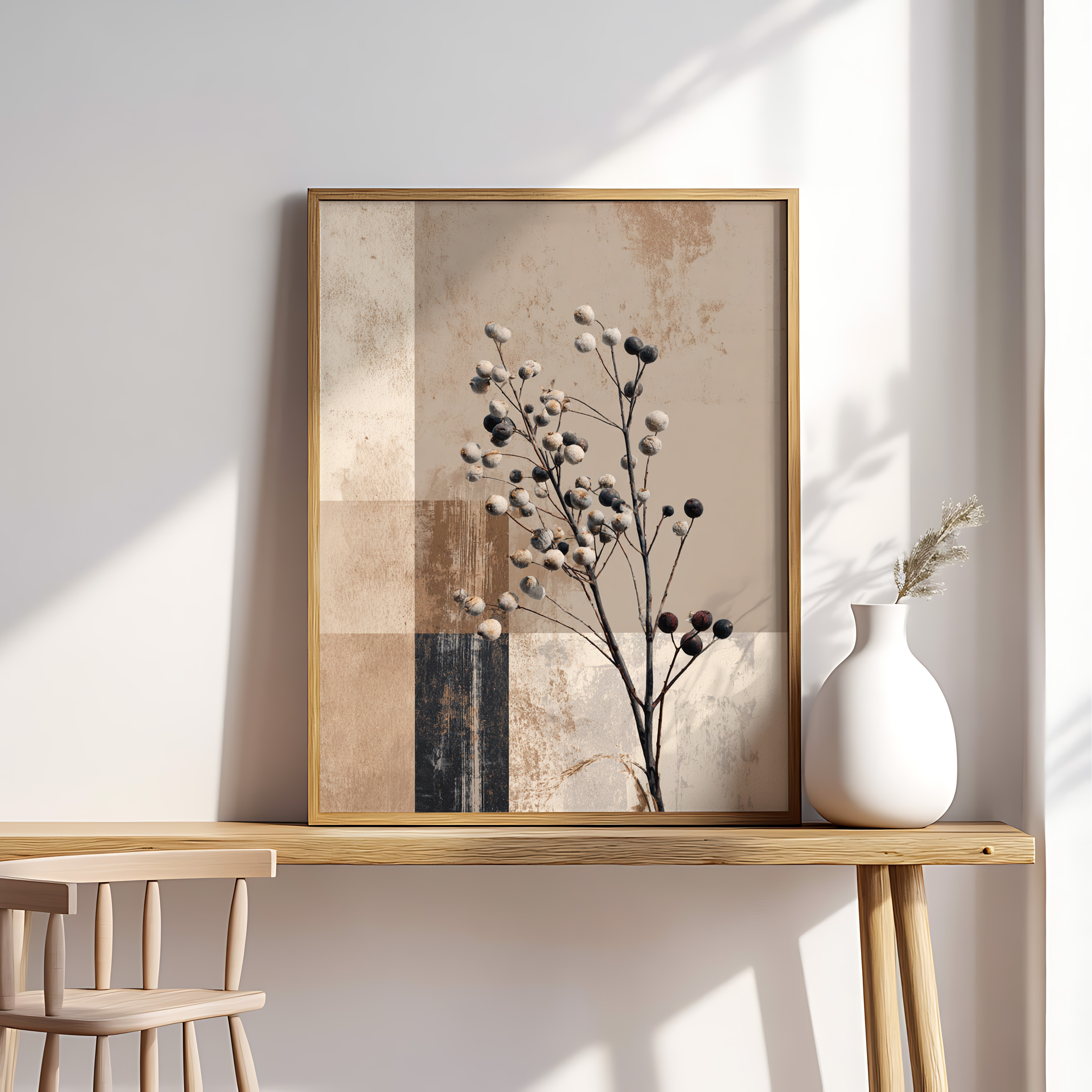 Neutral Botanical Wall Art – Minimal Rustic Berry Stem Print