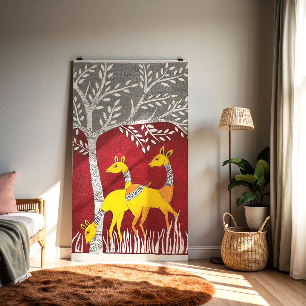 Folk Art Deer Painting – Traditional Tribal Style Nature Wall Art