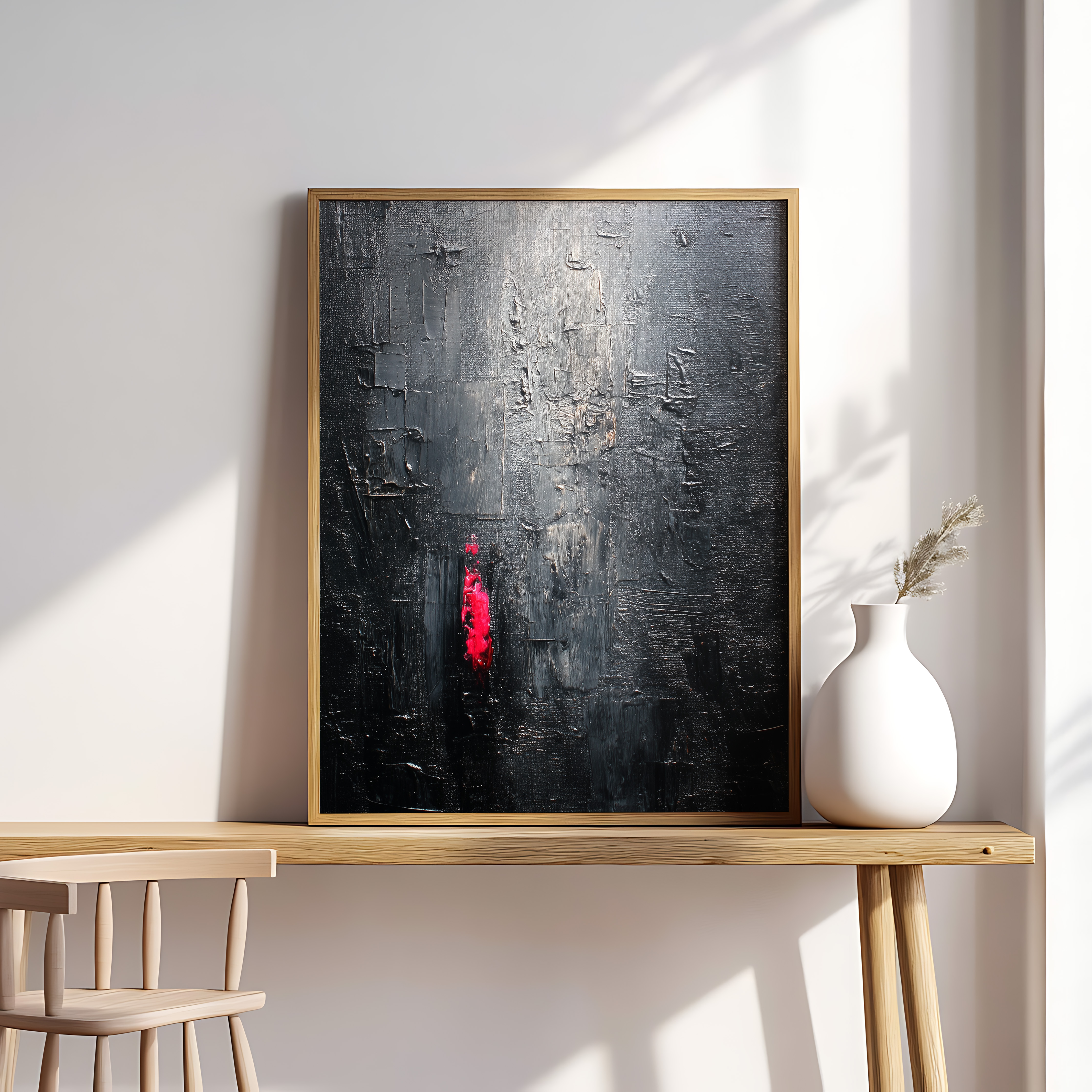 Dark Textured Abstract Art with Red Accent