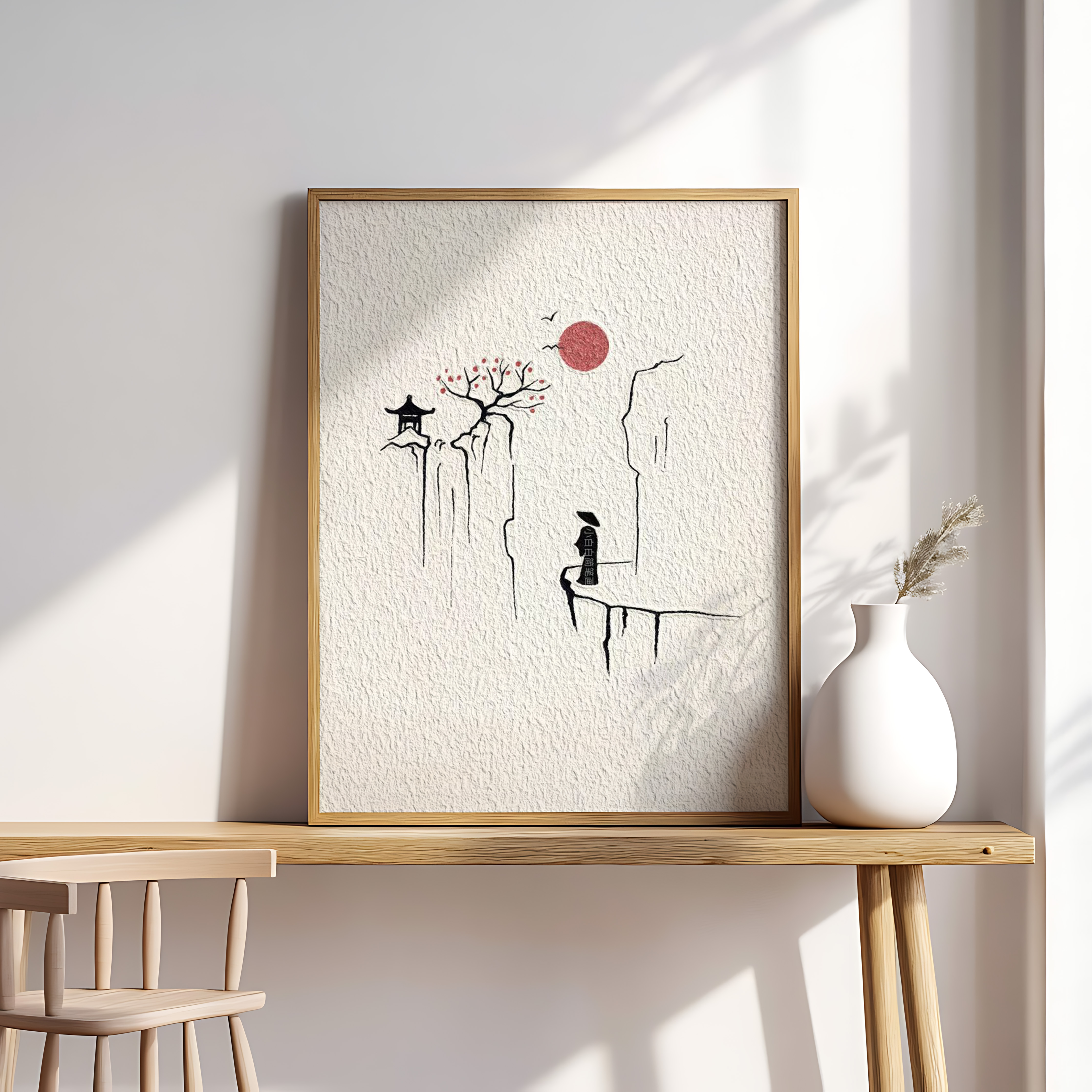 Minimalist Asian Mountain Landscape Art – Red Sun & Ink Illustration
