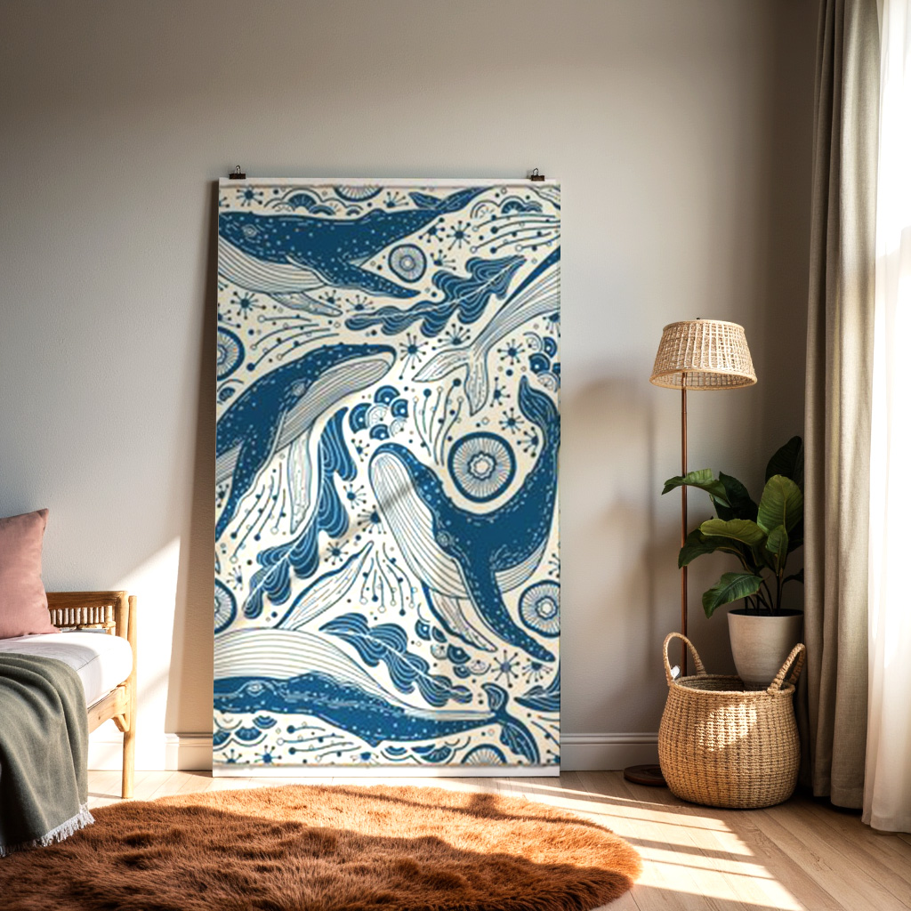 Nautical Whale Wall Art – Ocean Pattern Print | Blue Marine Decor for Coastal Home