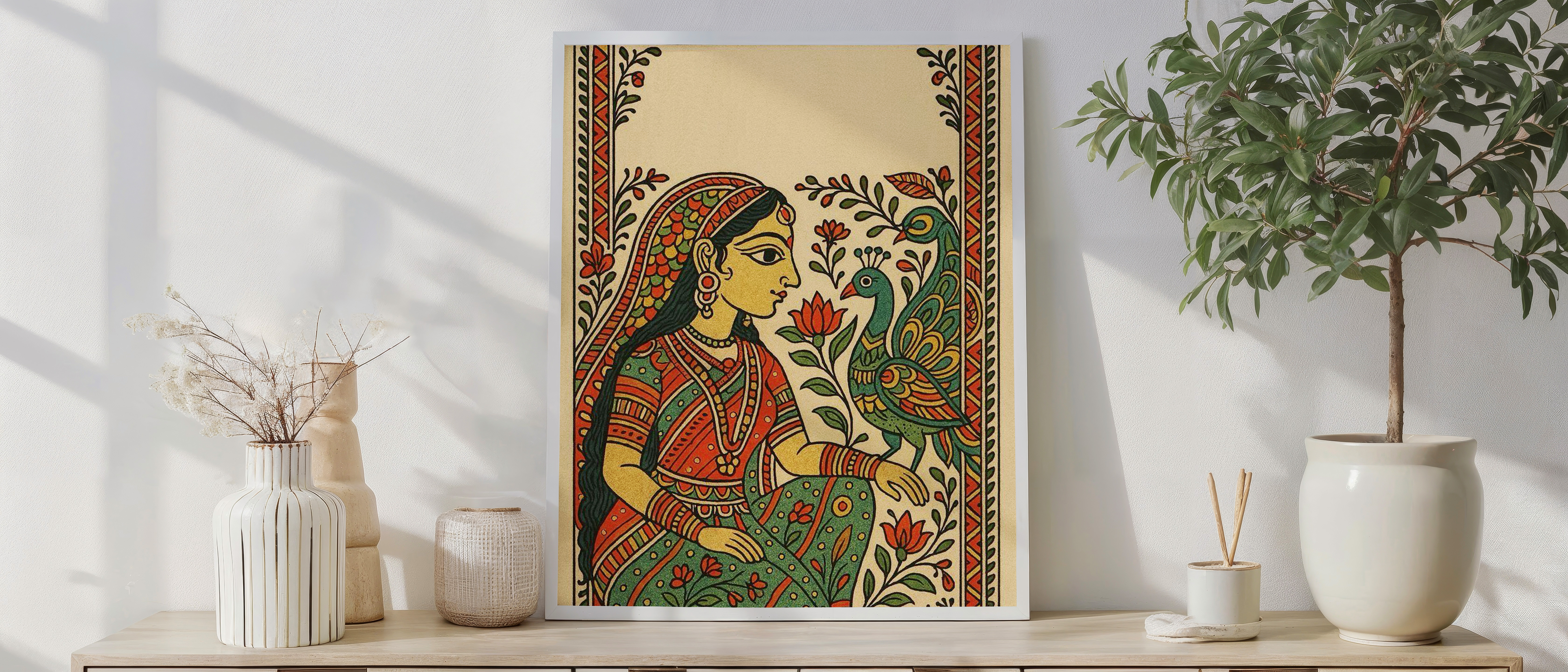Traditional Madhubani Folk Art – Woman With Peacock | Vibrant Indian Tribal Painting