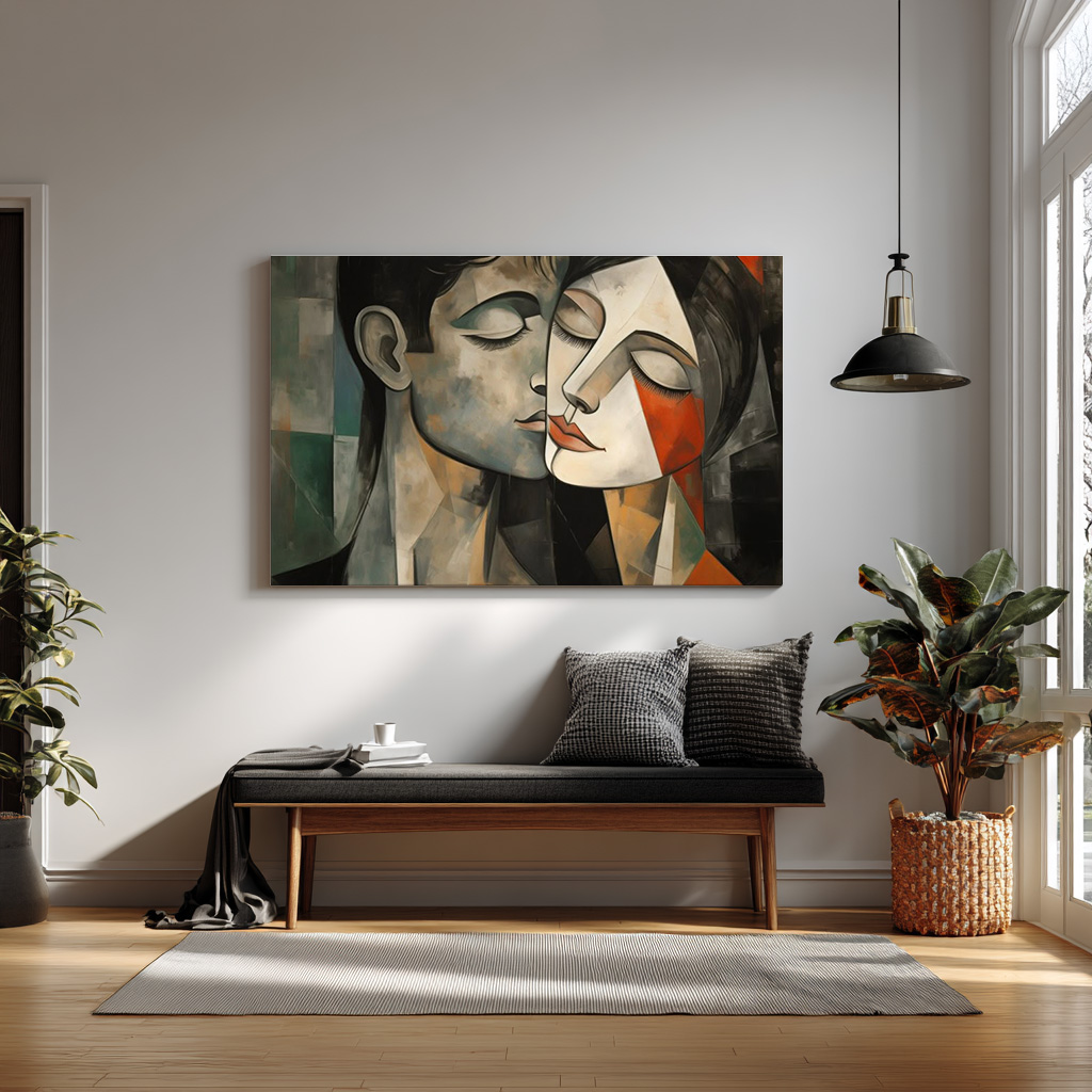 Abstract Cubist Couple Wall Art – Modern Emotional Portrait of Love & Connection