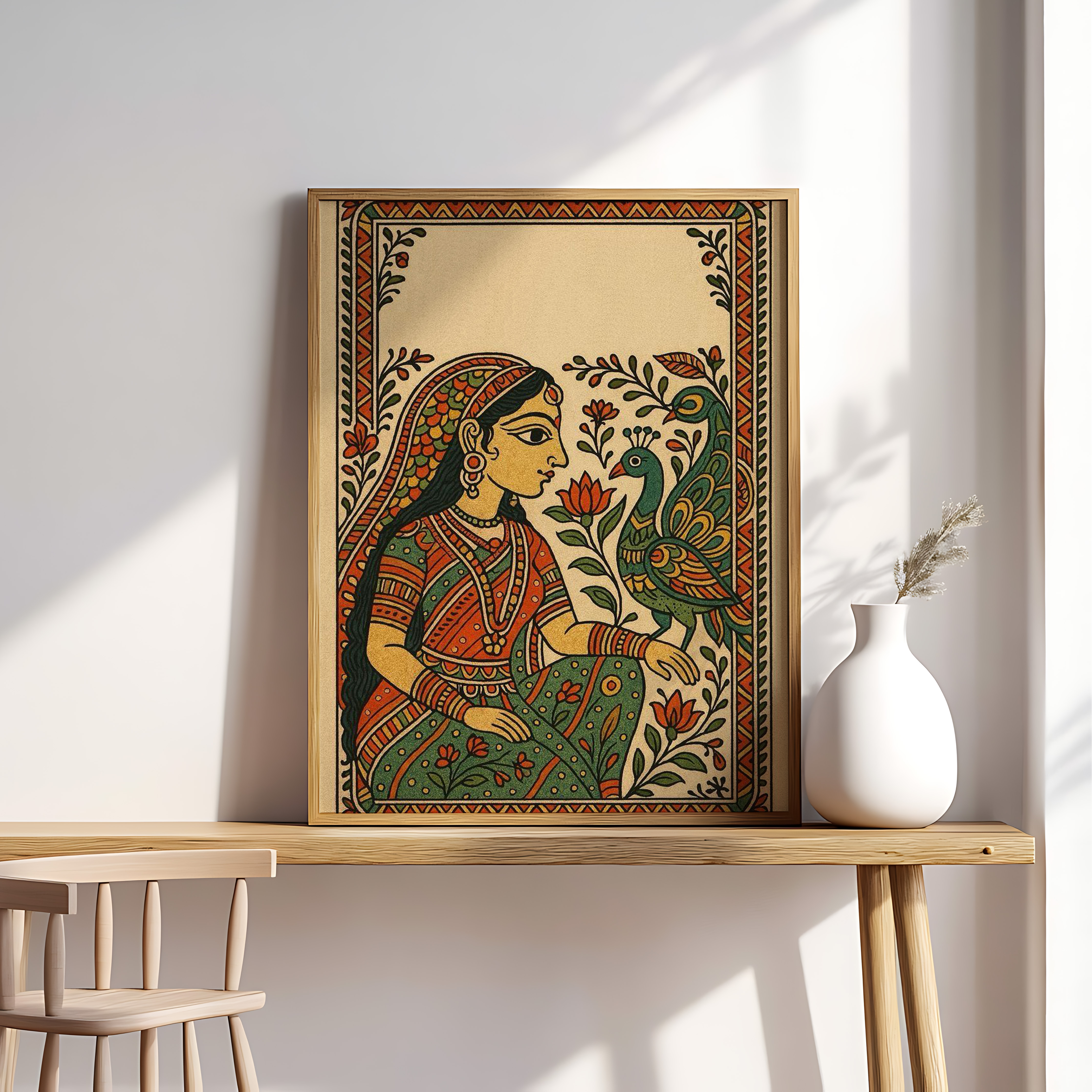 Traditional Madhubani Folk Art – Woman With Peacock | Vibrant Indian Tribal Painting